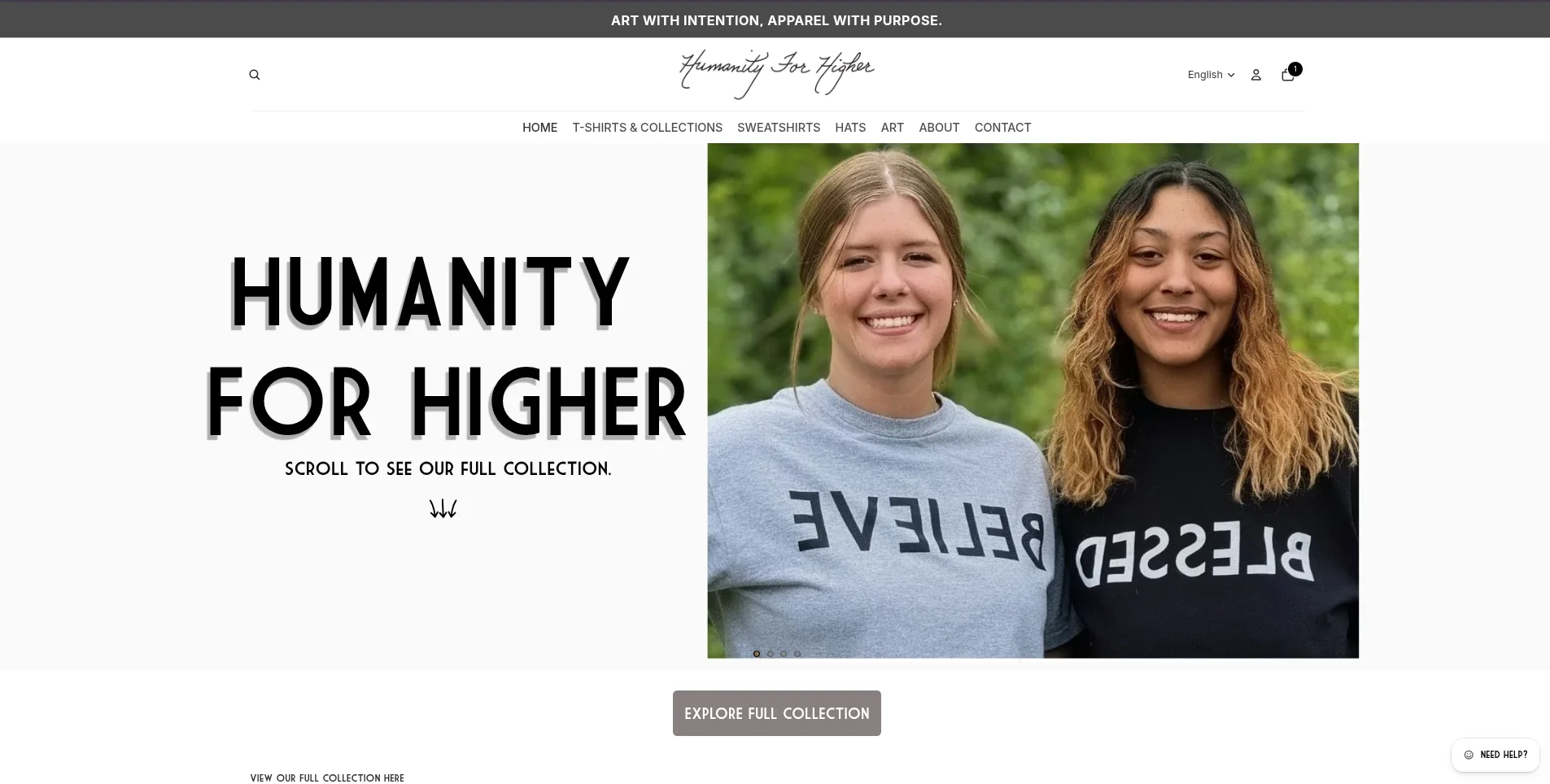 Humanity for Higher Shopify store homepage