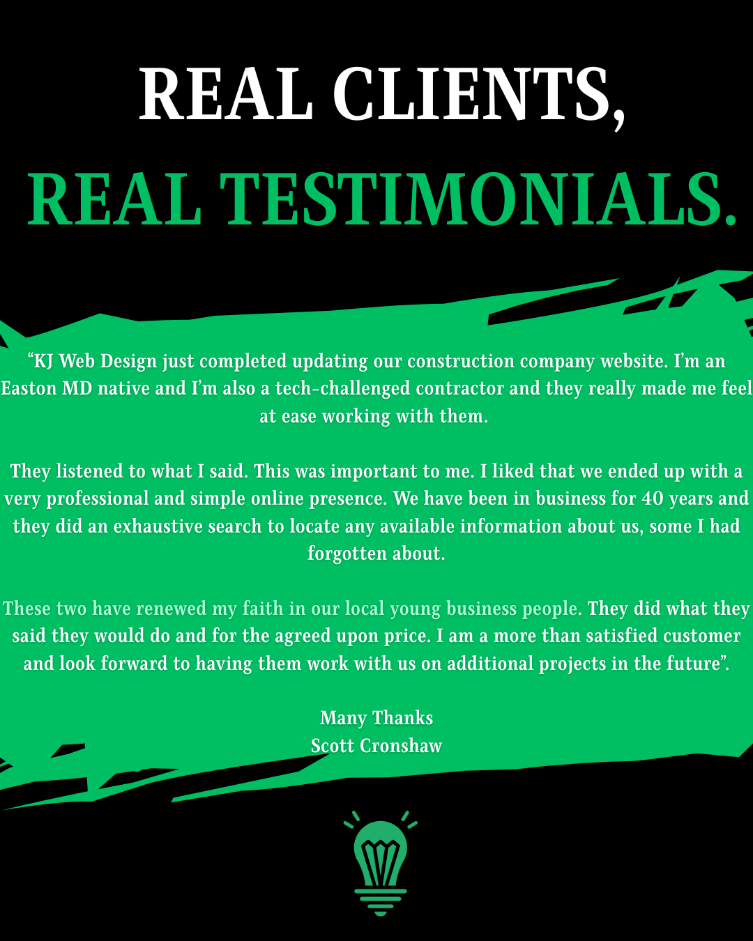 Real client testimonial from Scott Cronshaw — construction company website update